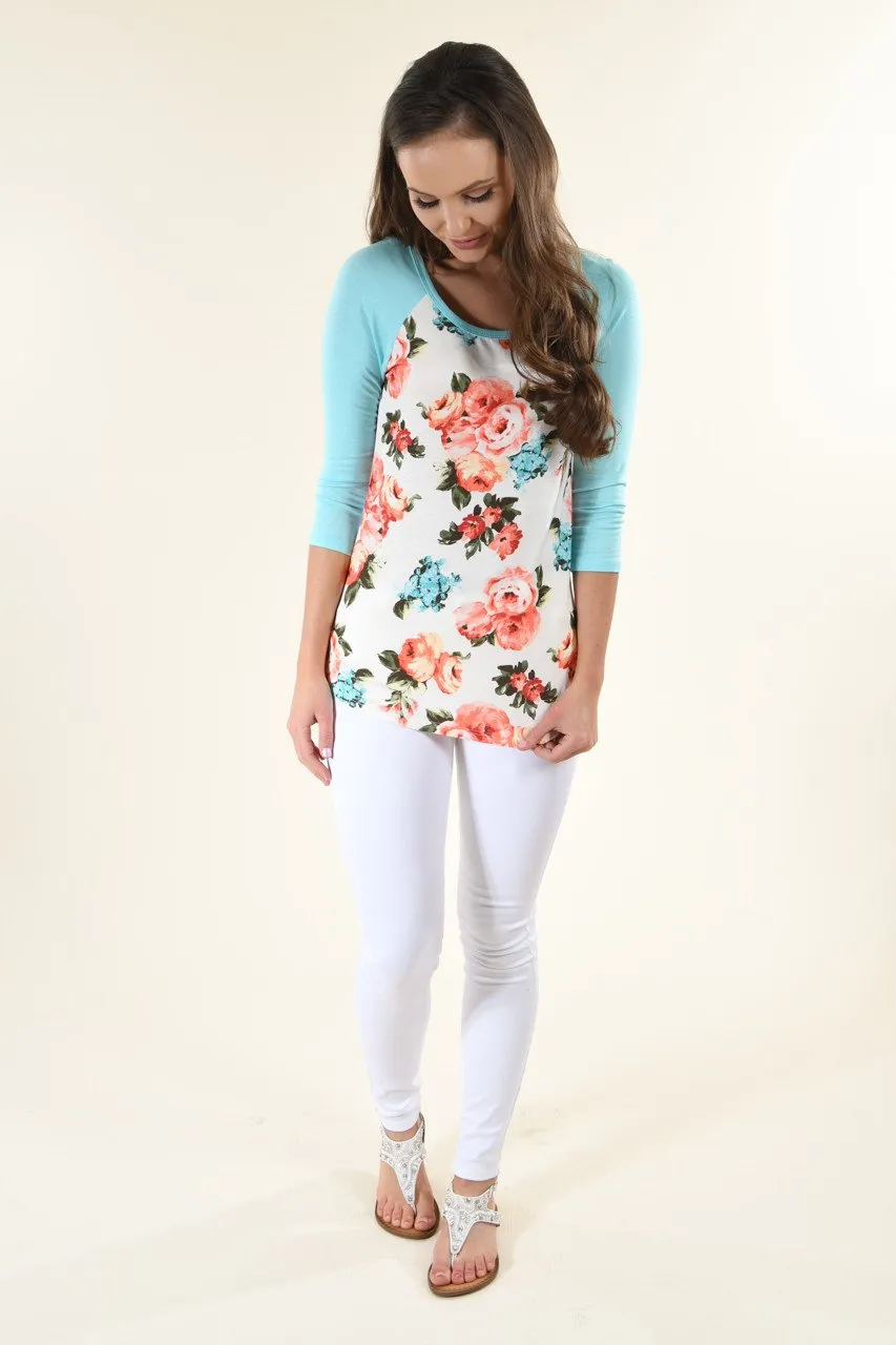 My Favorite Floral 3/4 Sleeve Top - Blue
