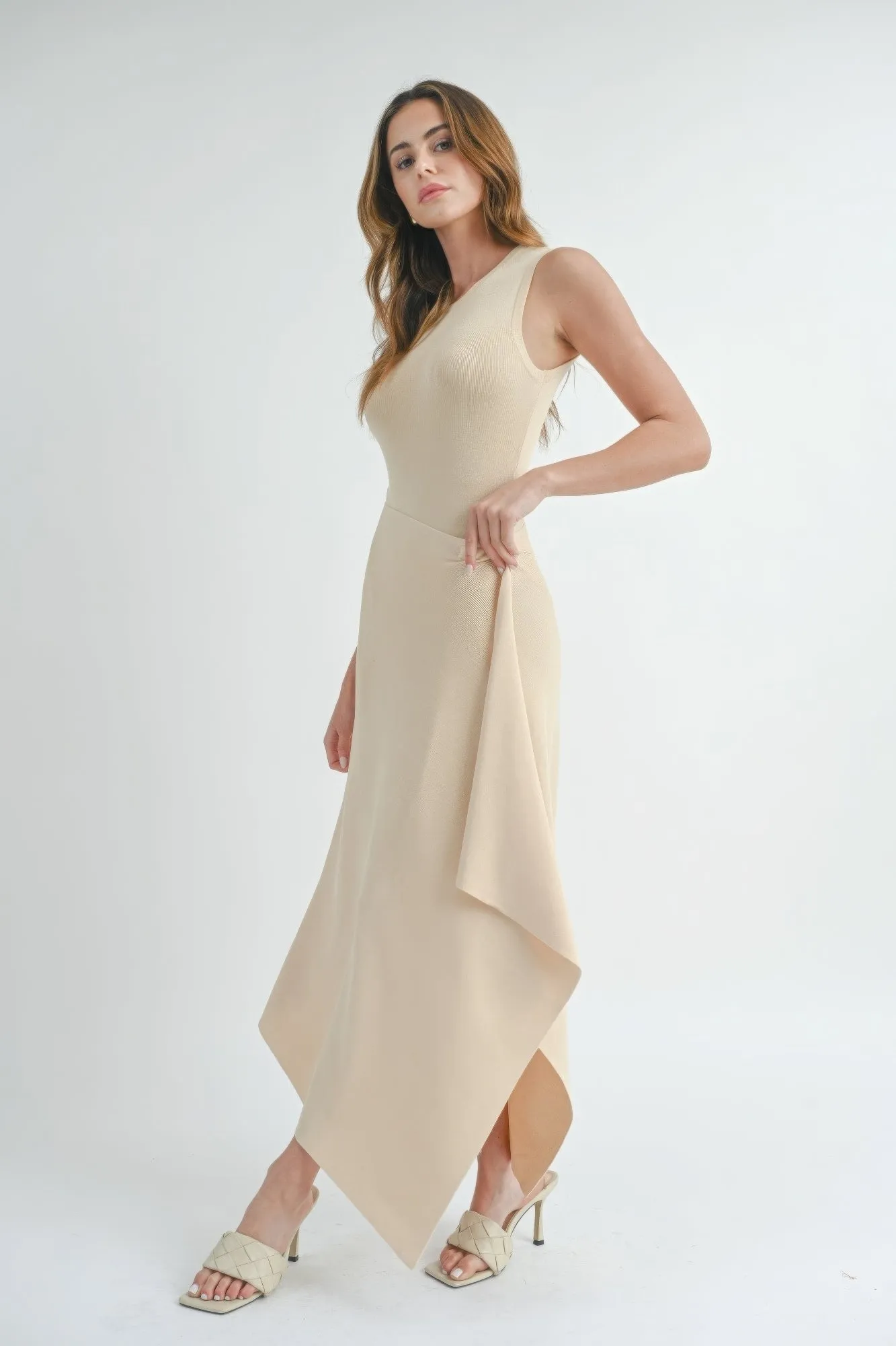 Natural Beige Maxi Dress with Side Slit