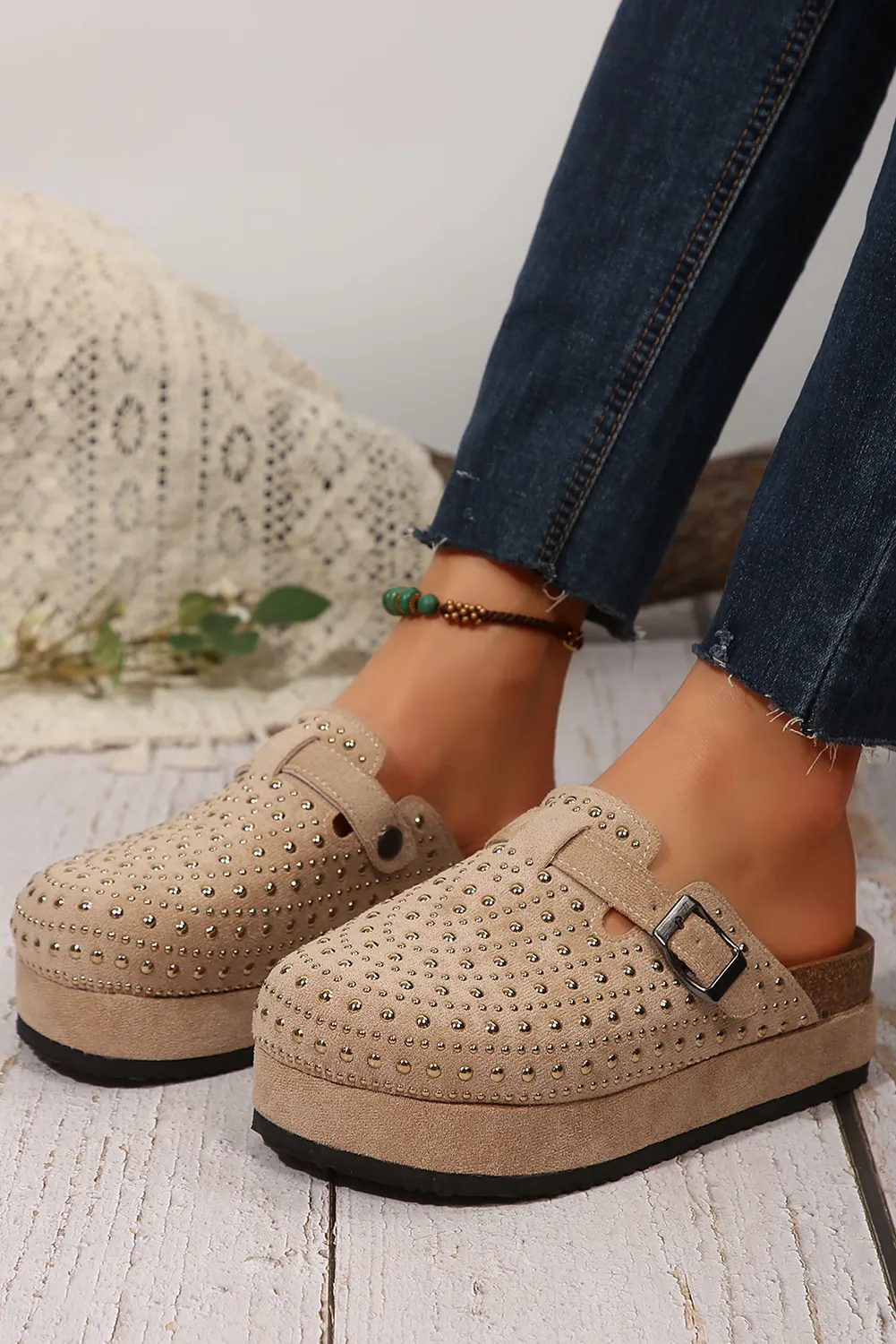 Parchment Rivet Buckle Closed Toe Platform Clogs