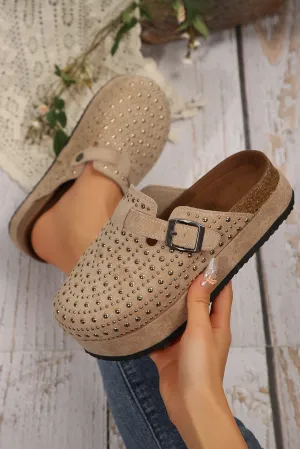 Parchment Rivet Buckle Closed Toe Platform Clogs