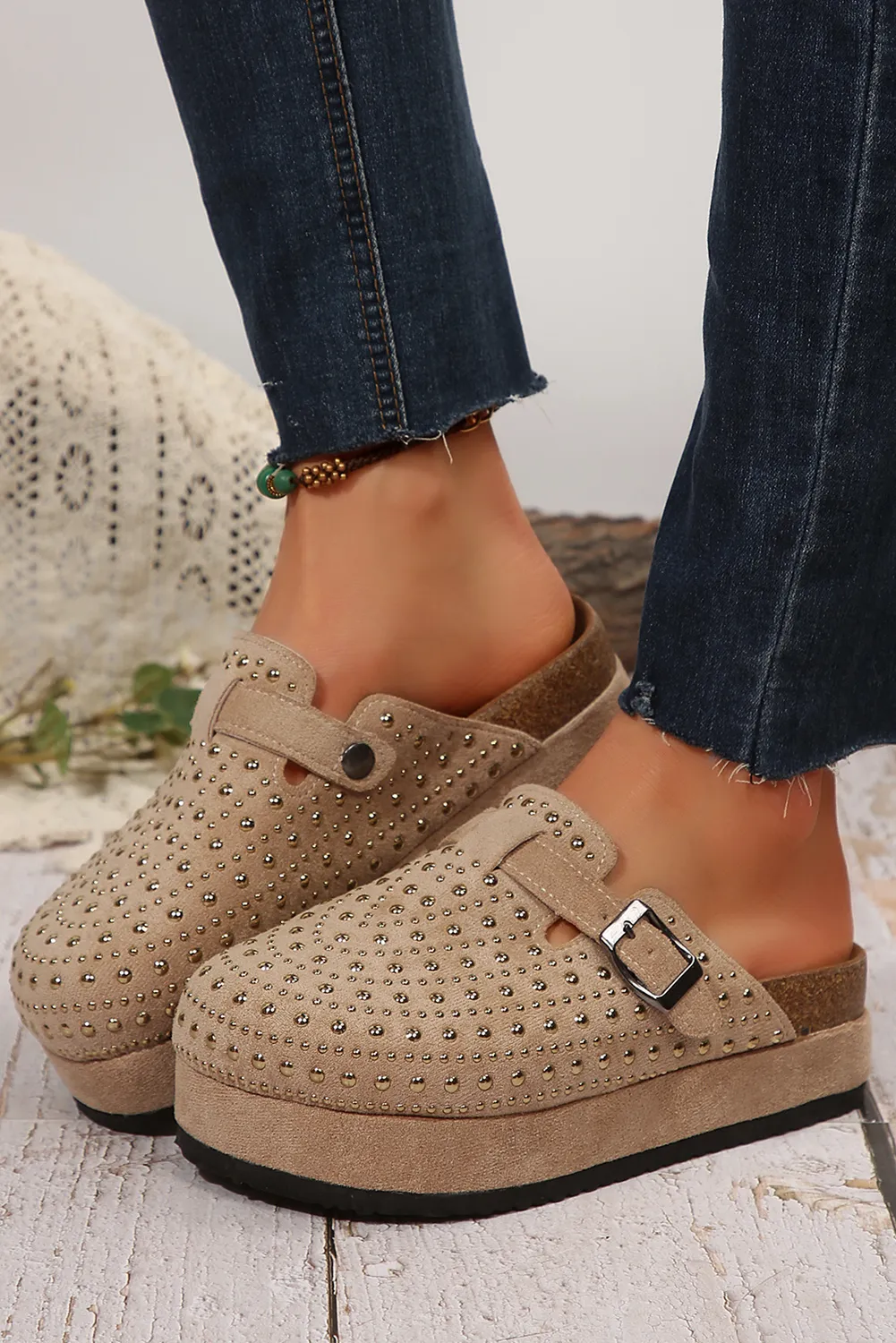 Parchment Rivet Buckle Closed Toe Platform Clogs