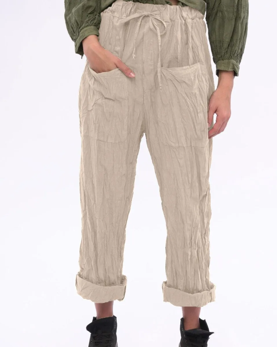 Pocketed Pleated Crinkled Pants