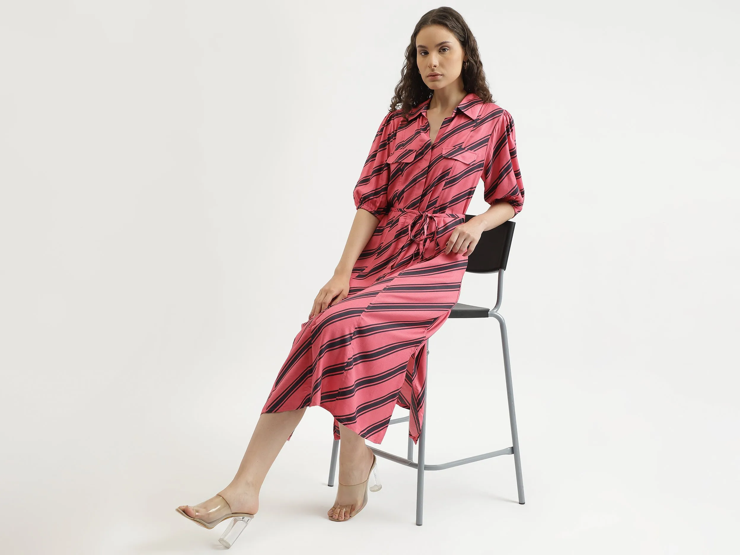 Regular Fit Spread Collar Striped Dress