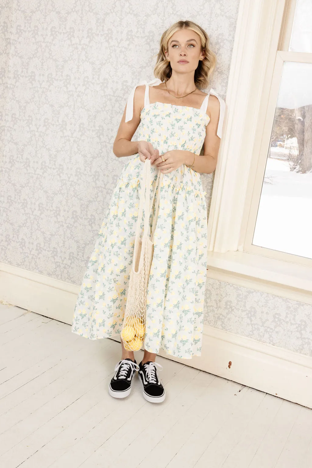 Rosie Ribbon Tie Midi Dress in Floral