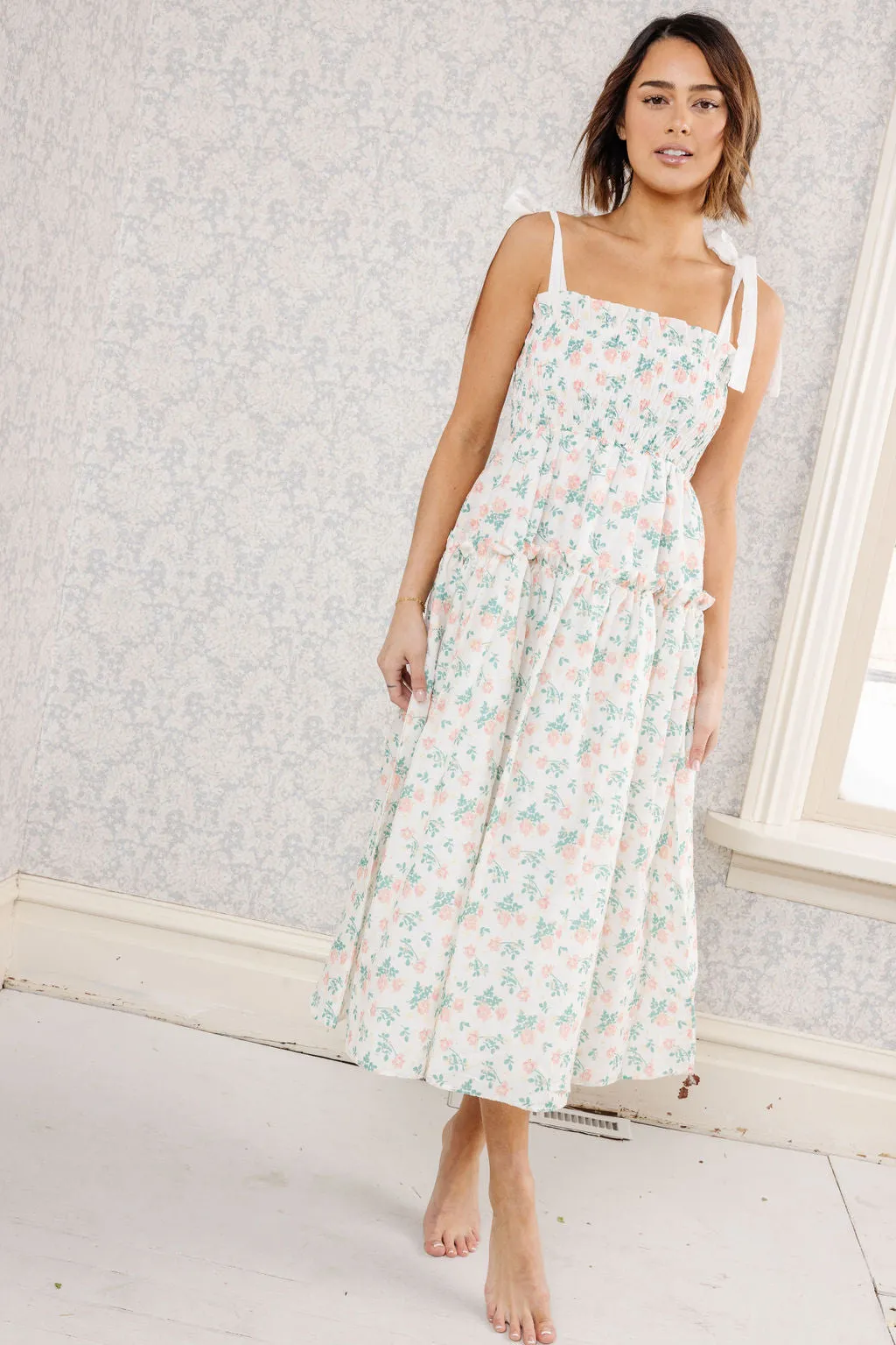 Rosie Ribbon Tie Midi Dress in Floral