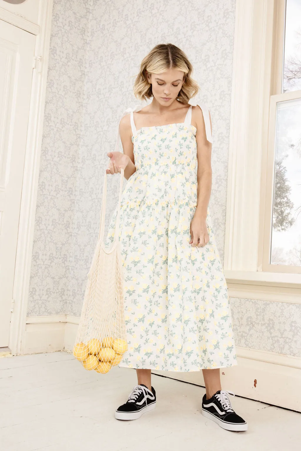 Rosie Ribbon Tie Midi Dress in Floral