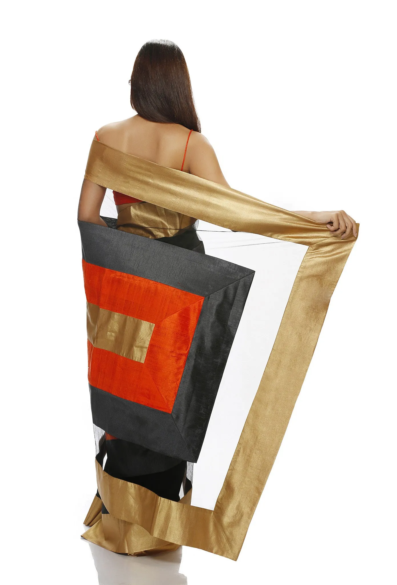 SAREE WITH GOLD, ORANGE AND GREY PANELS