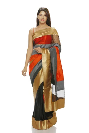SAREE WITH GOLD, ORANGE AND GREY PANELS