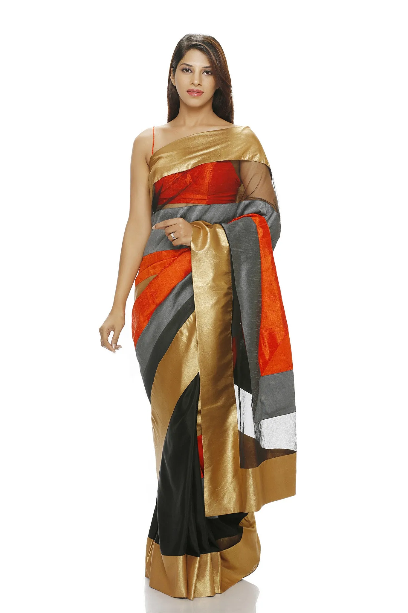SAREE WITH GOLD, ORANGE AND GREY PANELS