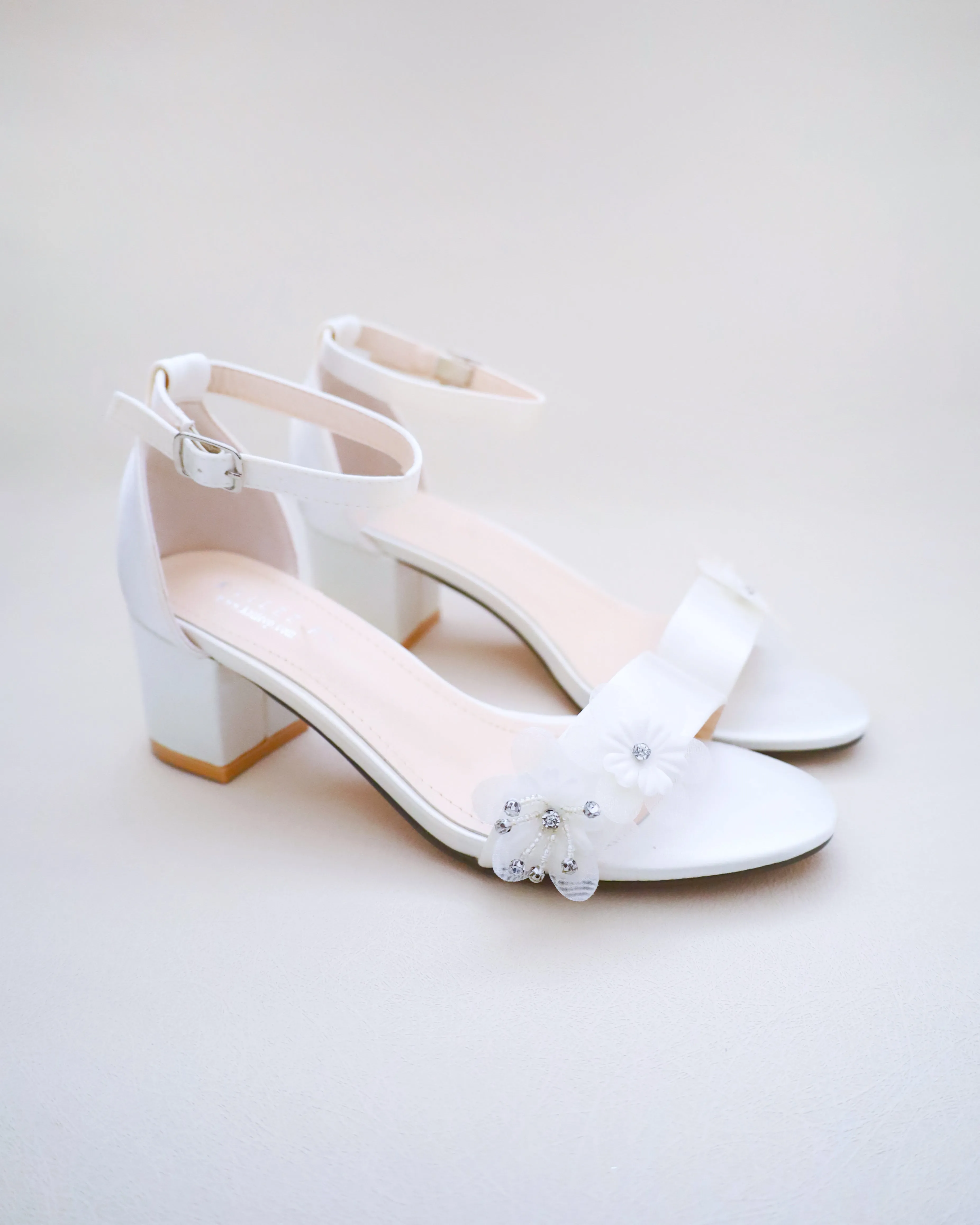 Satin Block Heel Wedding Sandals with Flower Appliques