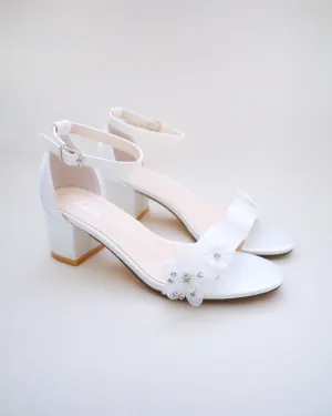 Satin Block Heel Wedding Sandals with Flower Appliques