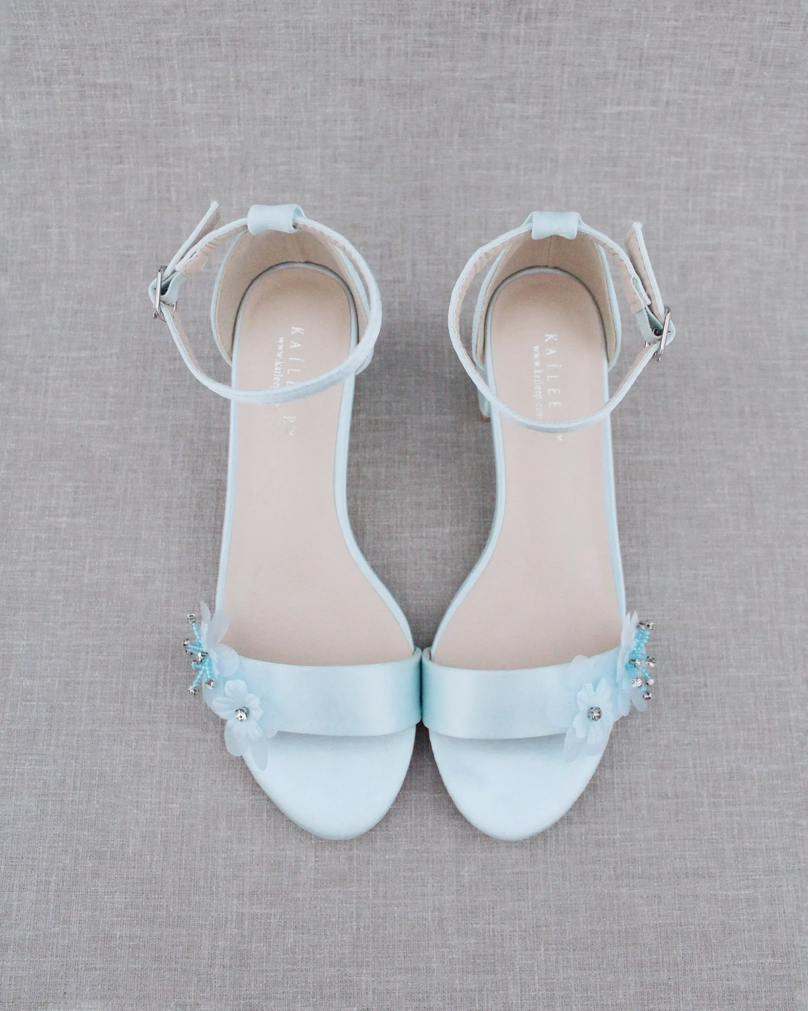 Satin Block Heel Wedding Sandals with Flower Appliques
