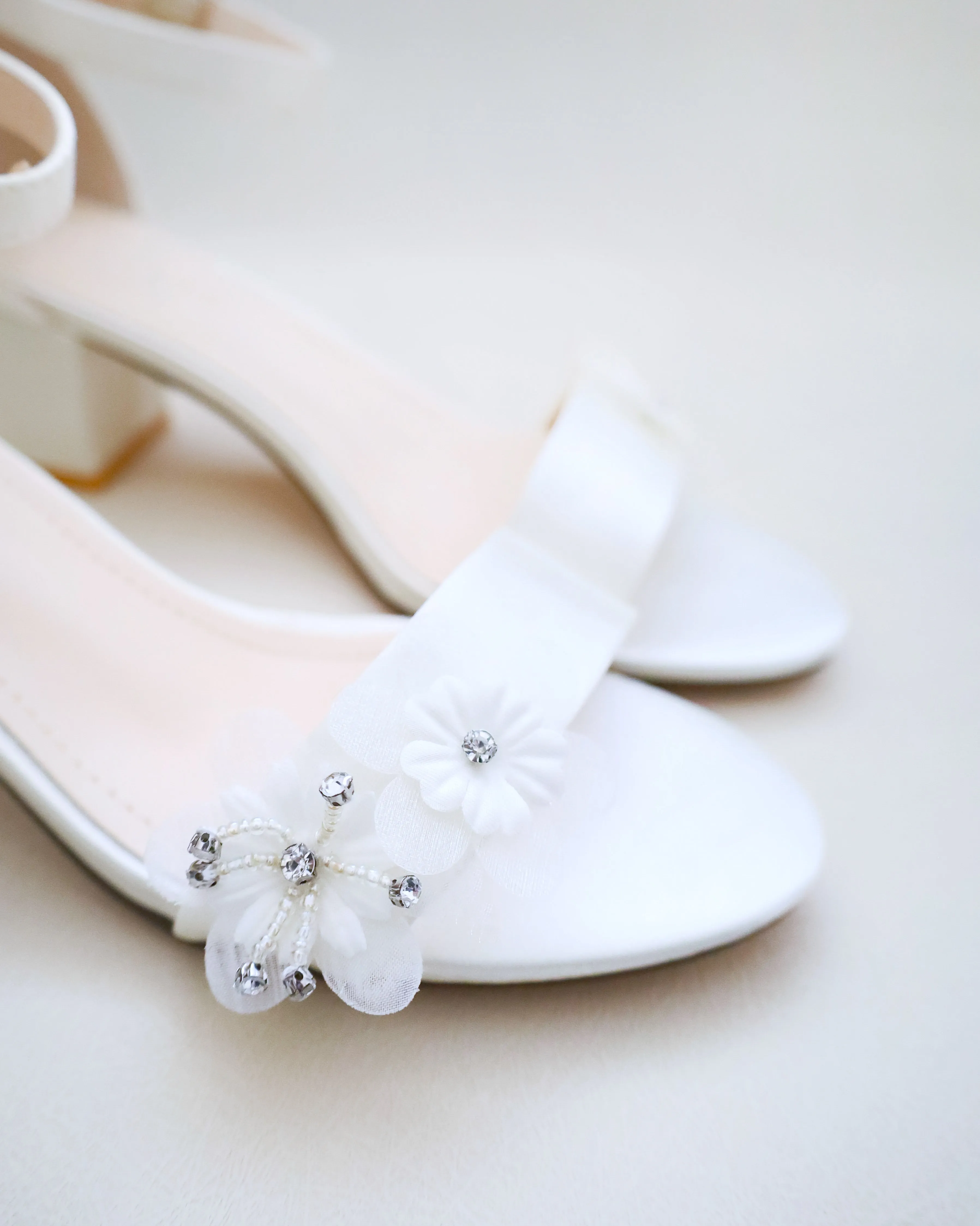 Satin Block Heel Wedding Sandals with Flower Appliques