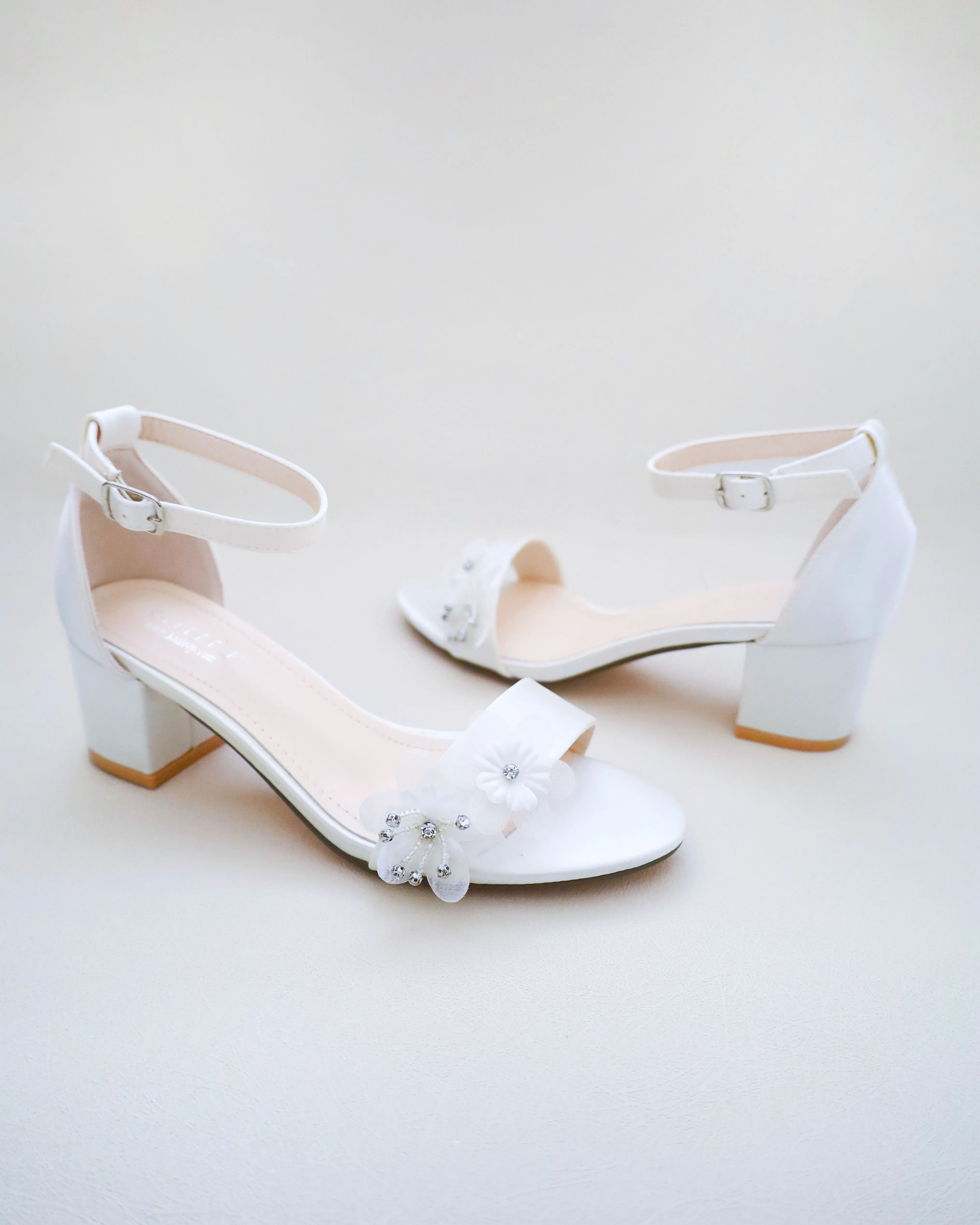 Satin Block Heel Wedding Sandals with Flower Appliques