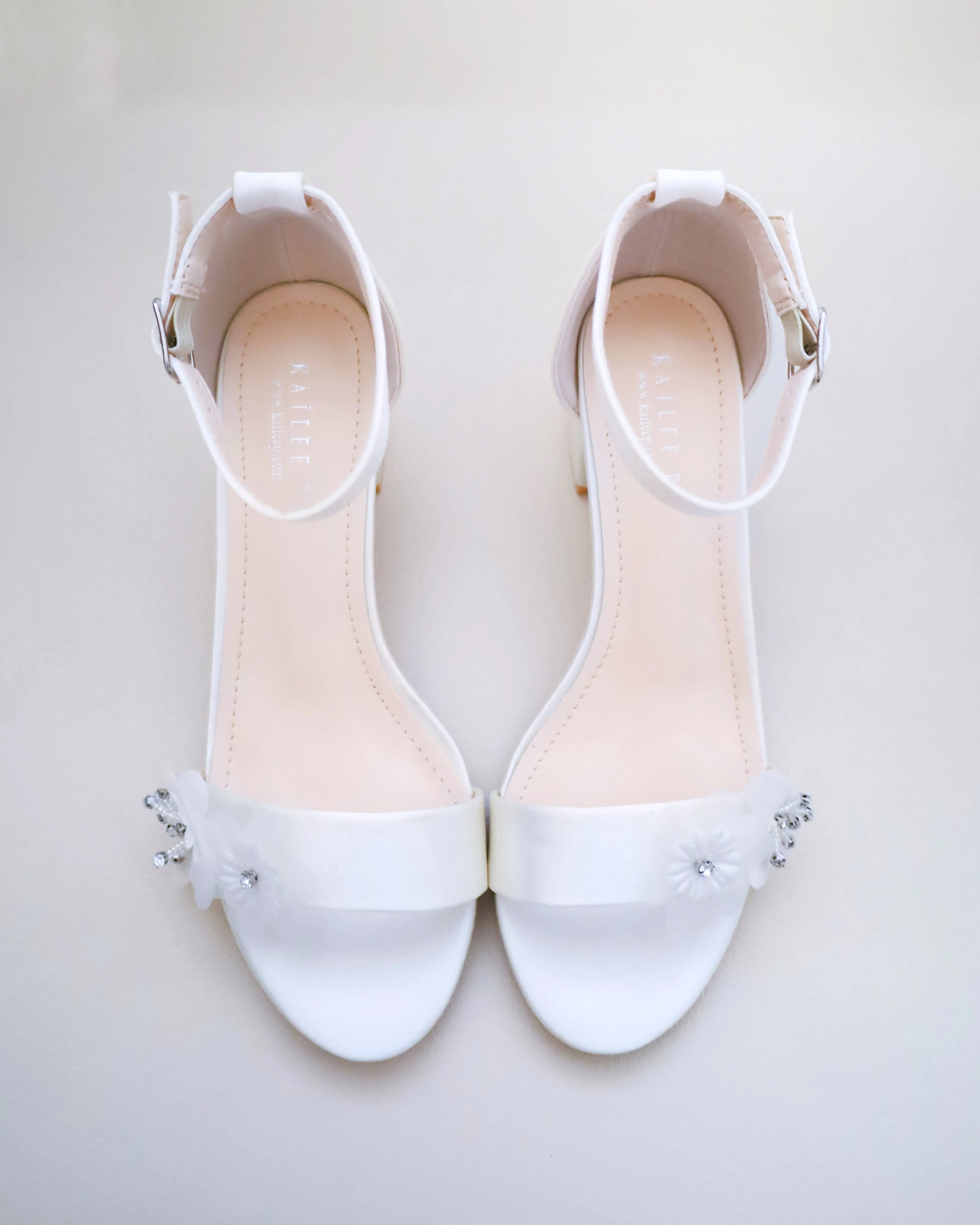 Satin Block Heel Wedding Sandals with Flower Appliques