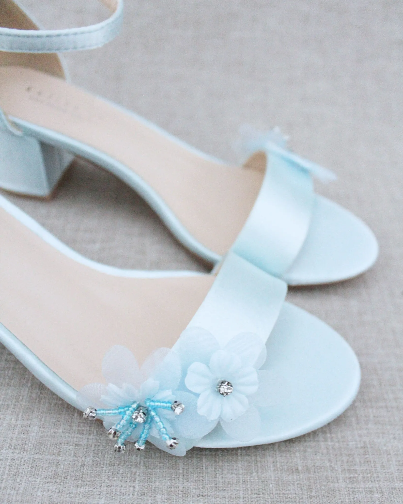 Satin Block Heel Wedding Sandals with Flower Appliques