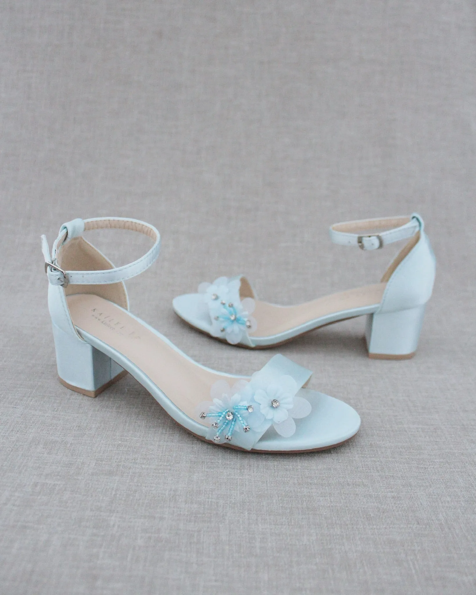 Satin Block Heel Wedding Sandals with Flower Appliques