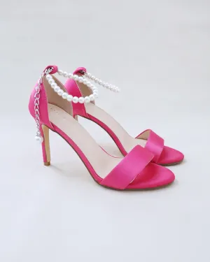 Satin High Heel Evening Sandals with Pearl Strap