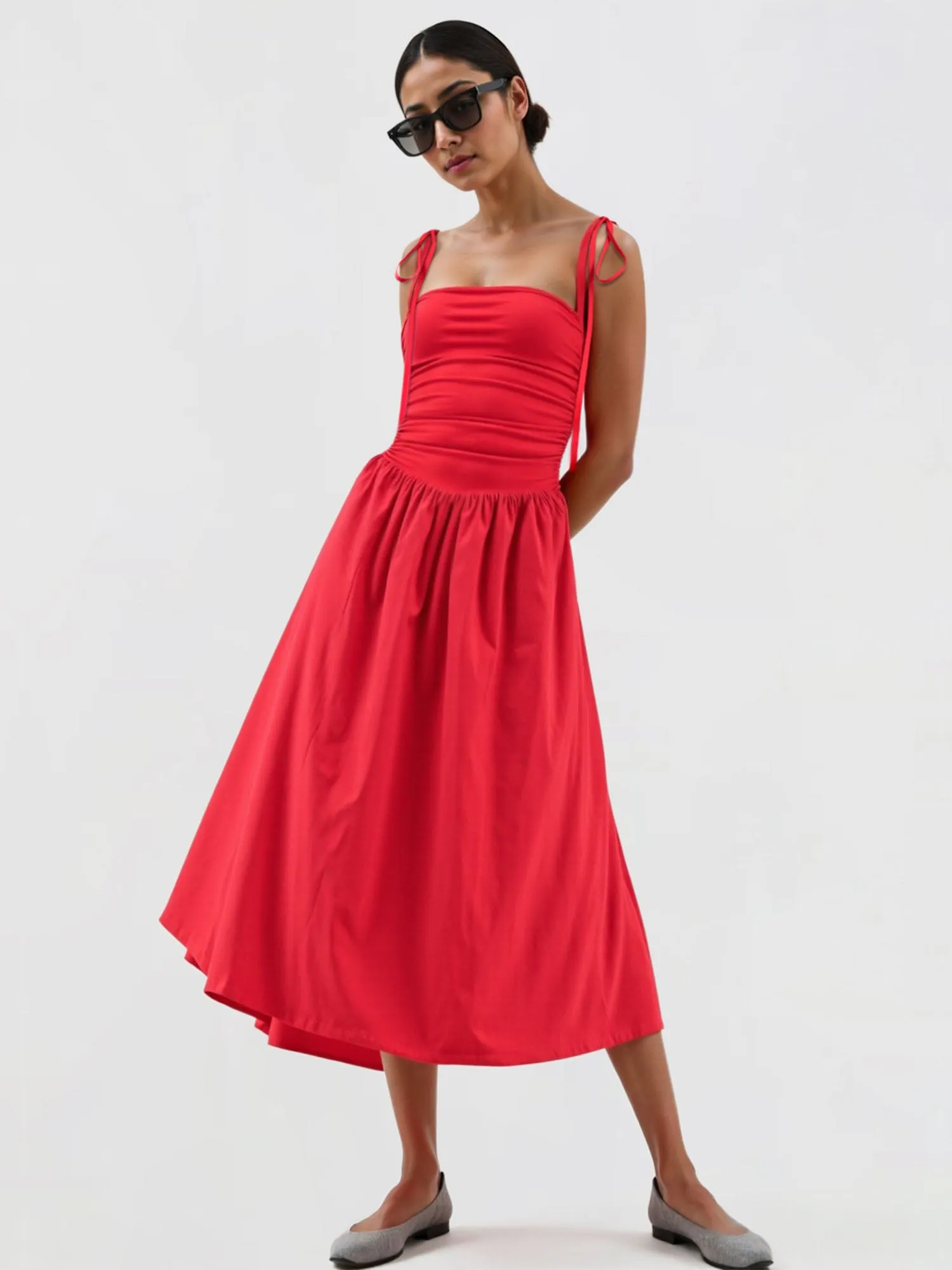 Shoulder Tie Side Drawstring Midi Bubble Dress