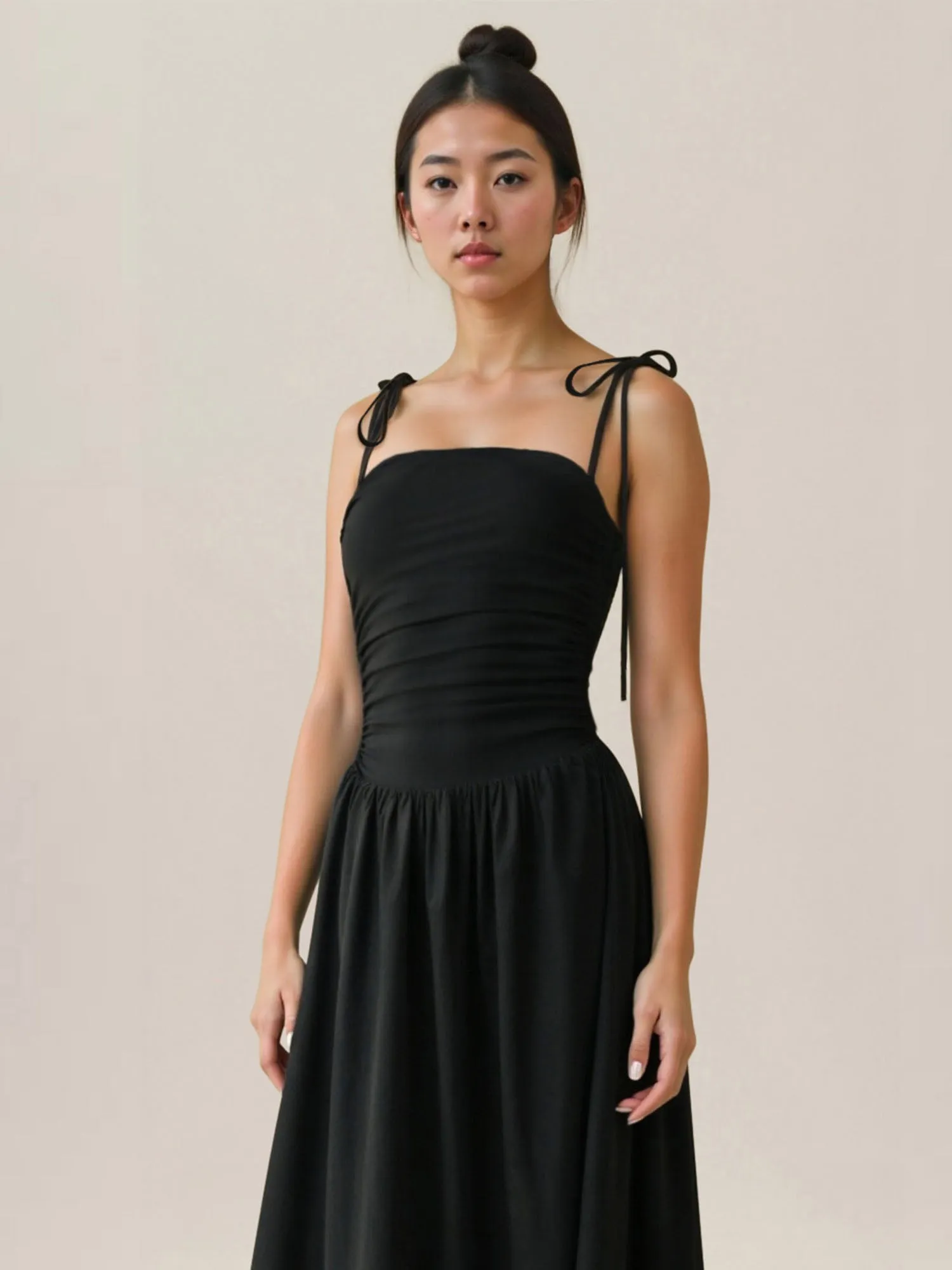 Shoulder Tie Side Drawstring Midi Bubble Dress