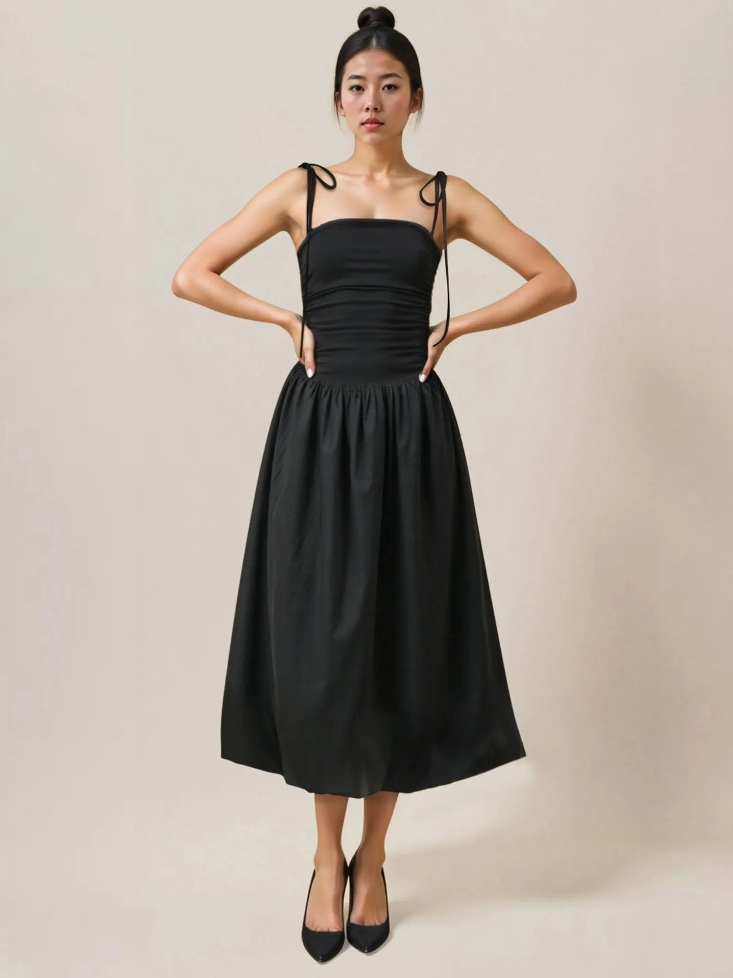 Shoulder Tie Side Drawstring Midi Bubble Dress