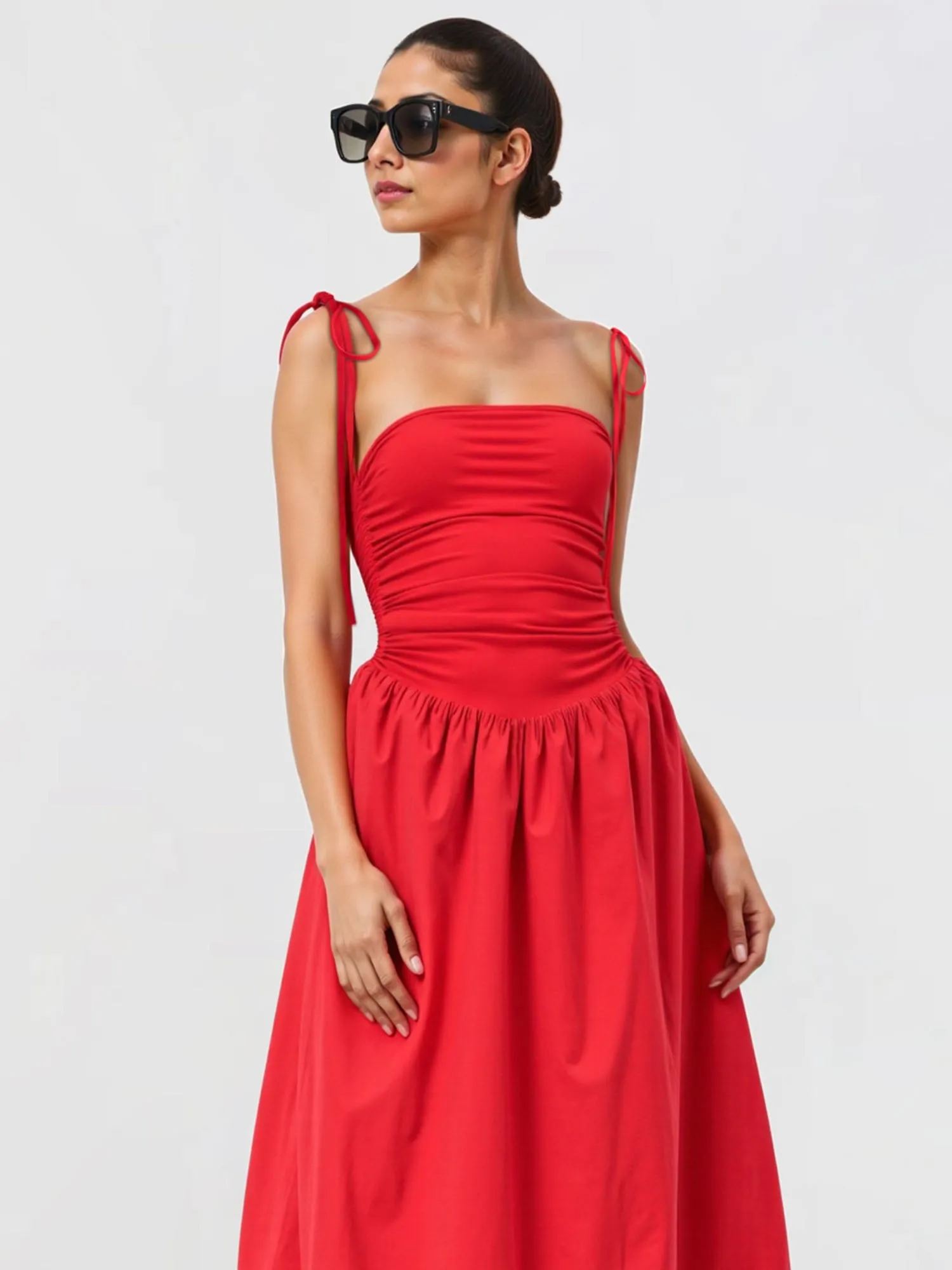 Shoulder Tie Side Drawstring Midi Bubble Dress