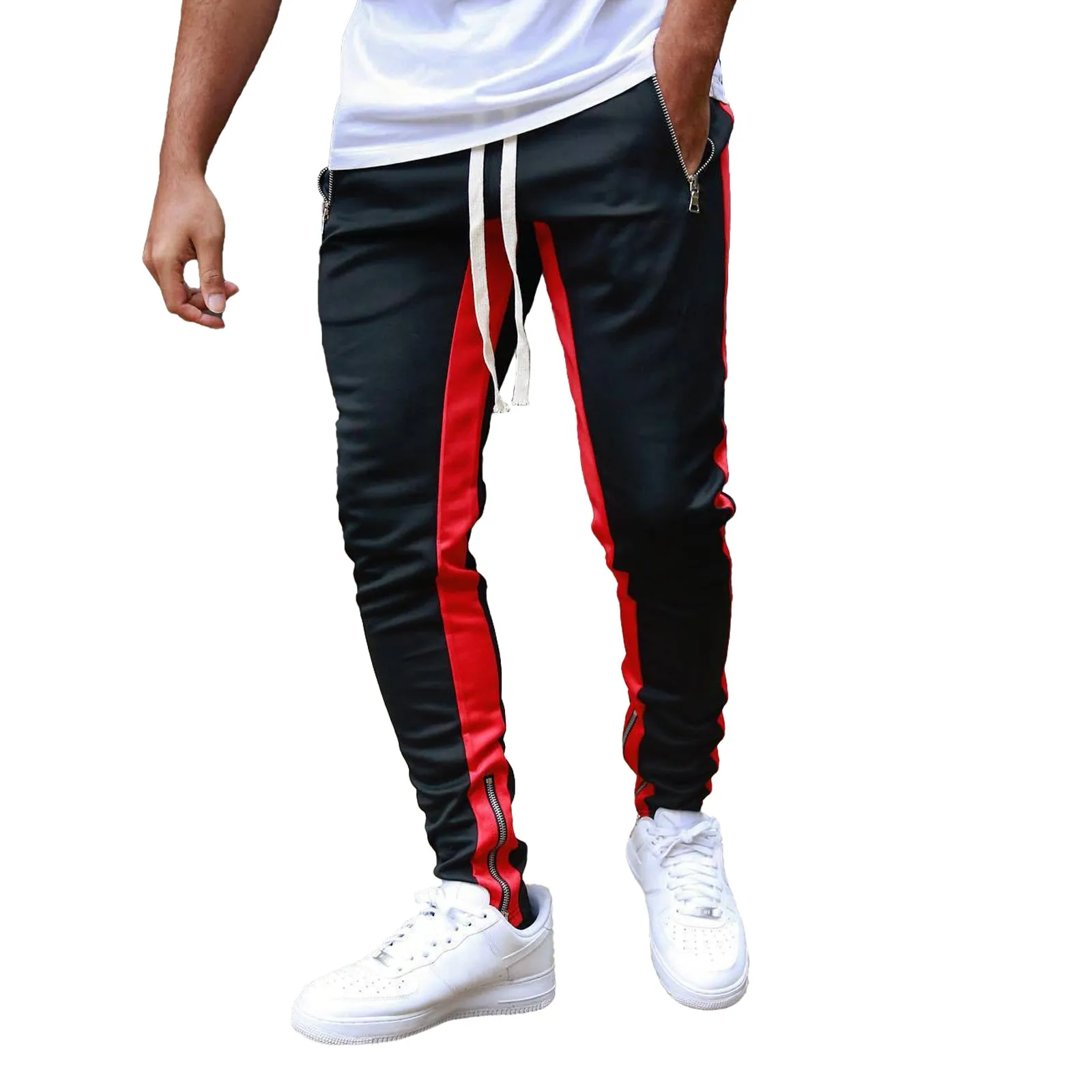 SKINNY DRAWSTRING ZIPPER POCKET PRINTED RUNNING PANTS