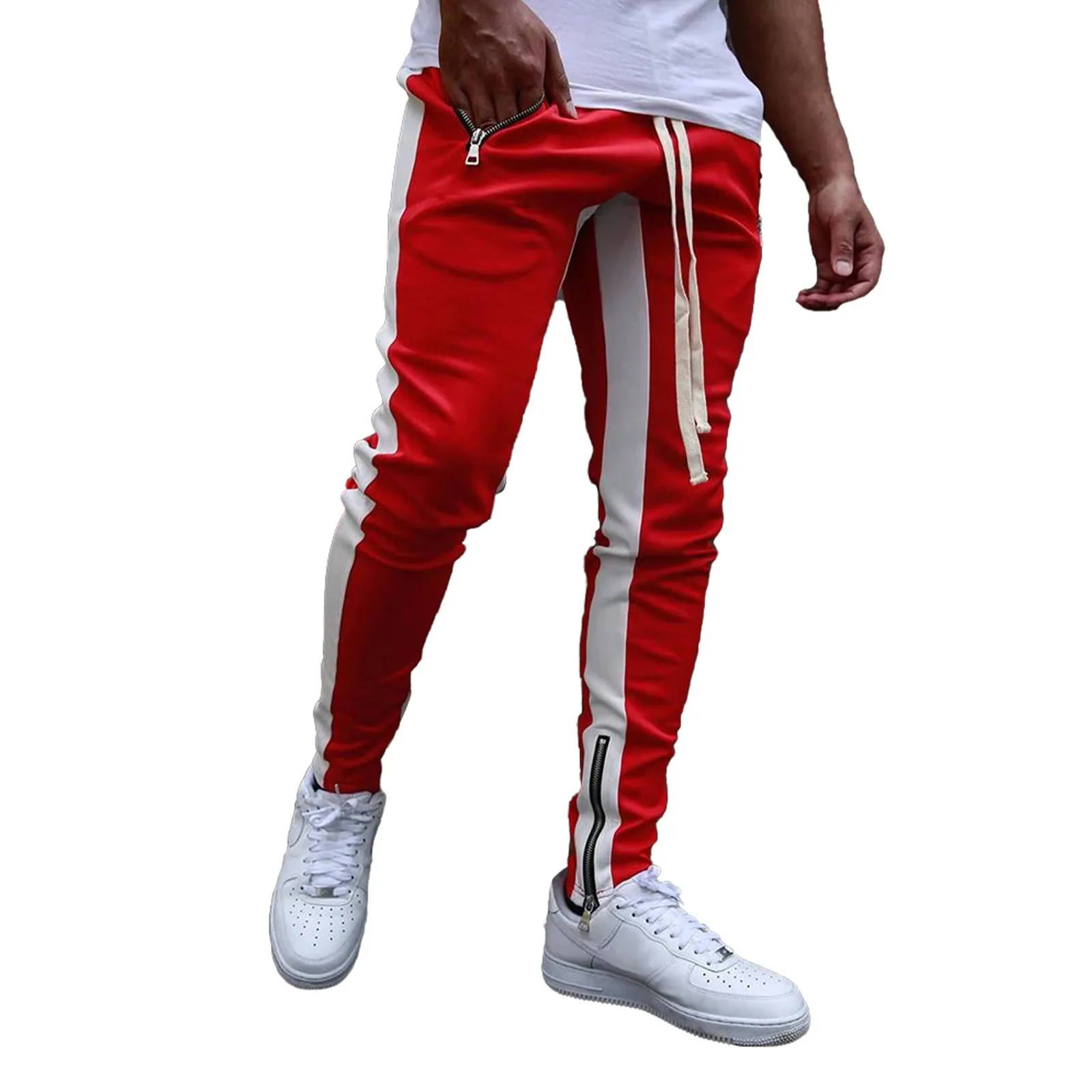 SKINNY DRAWSTRING ZIPPER POCKET PRINTED RUNNING PANTS