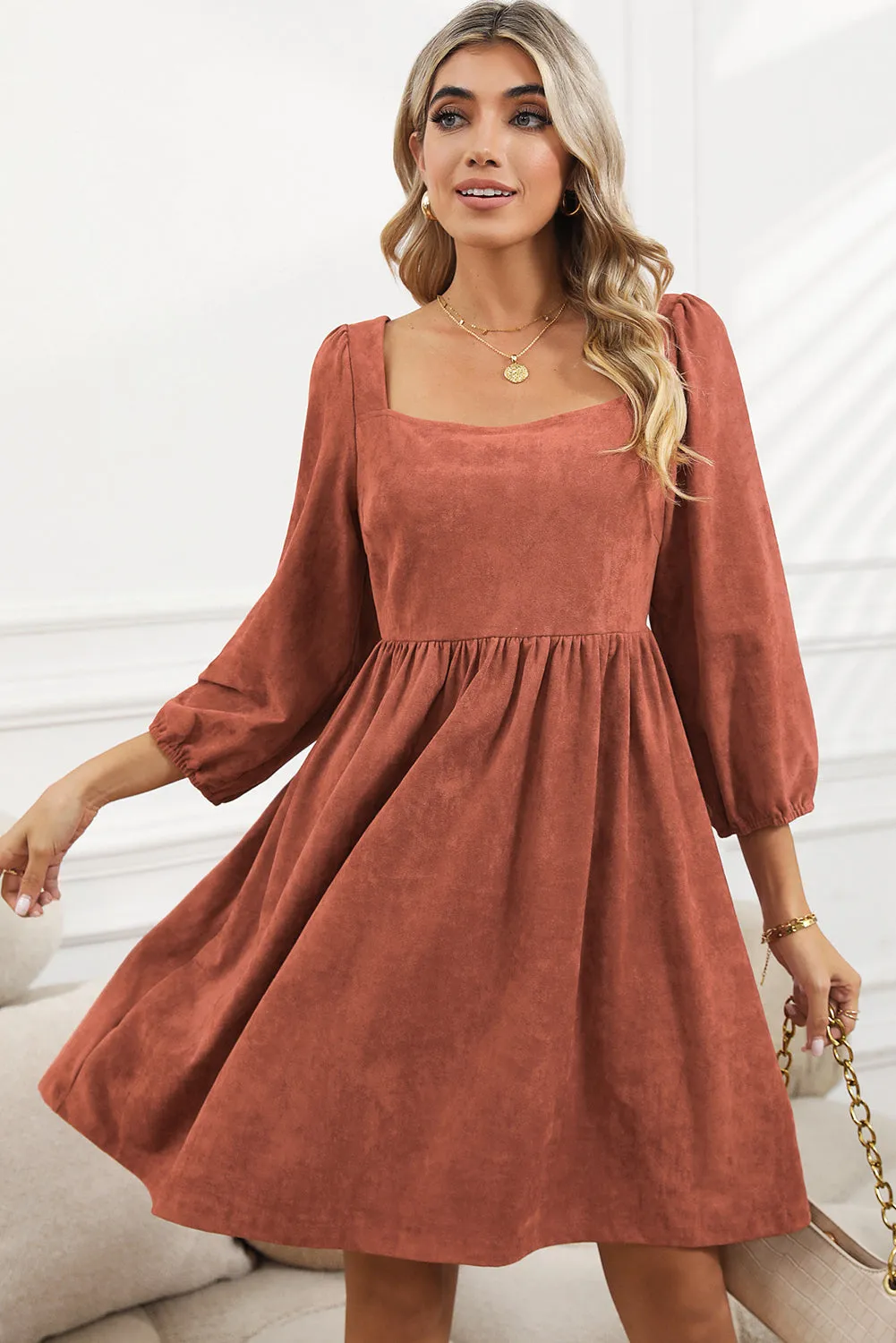 Square Neck High Waist Flared Short Dress