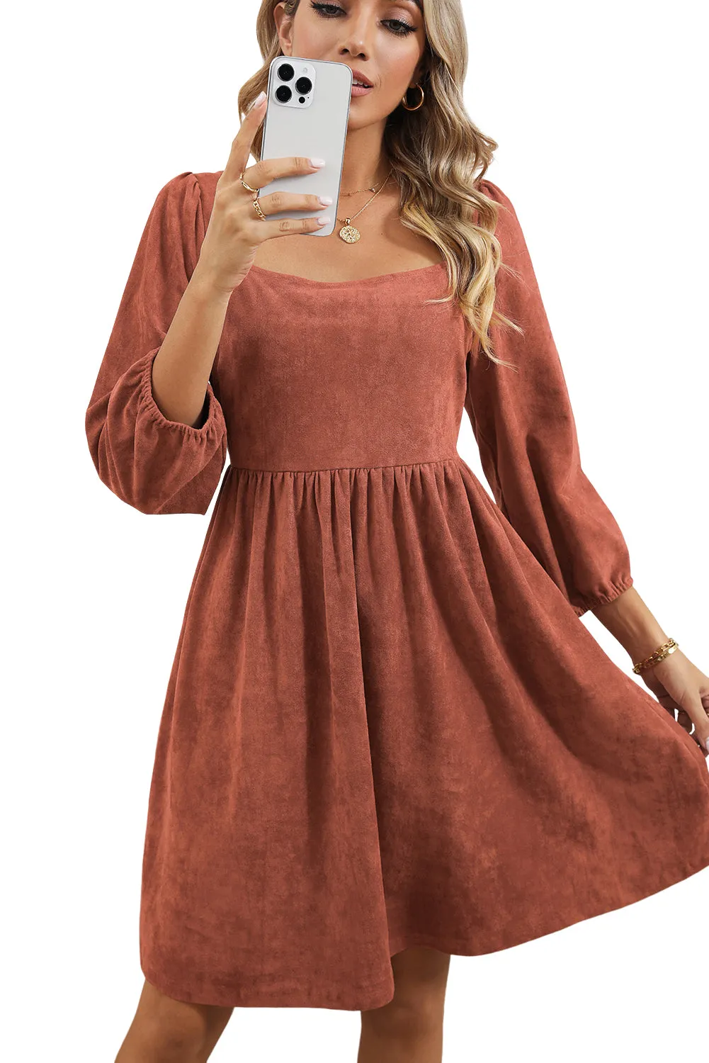 Square Neck High Waist Flared Short Dress