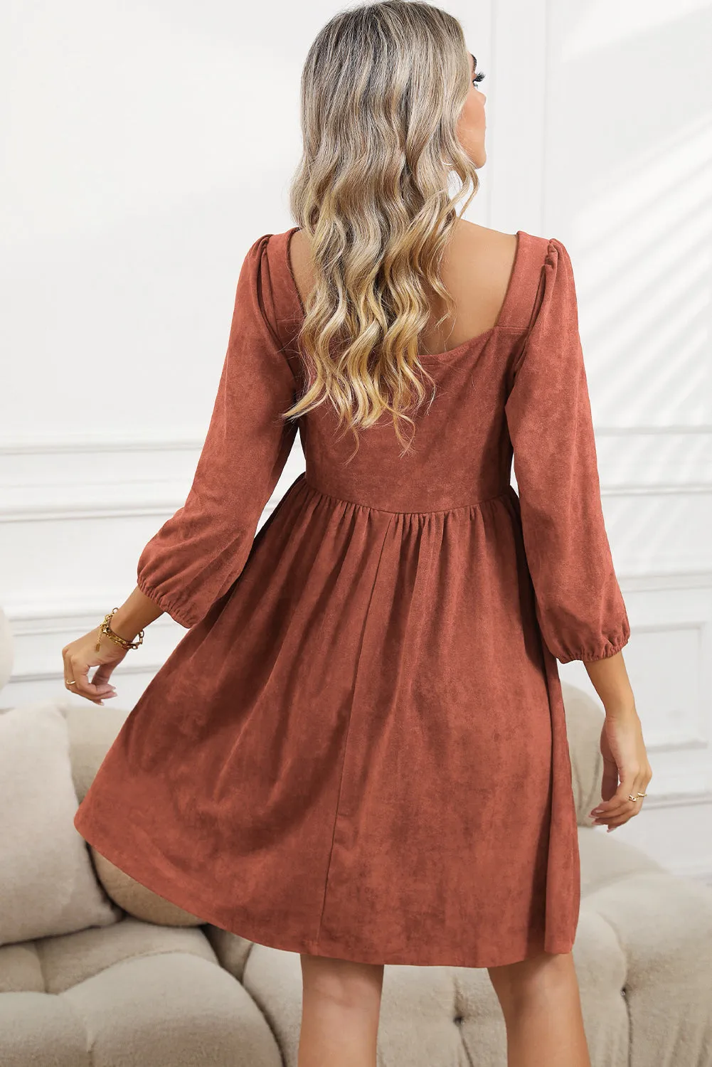 Square Neck High Waist Flared Short Dress