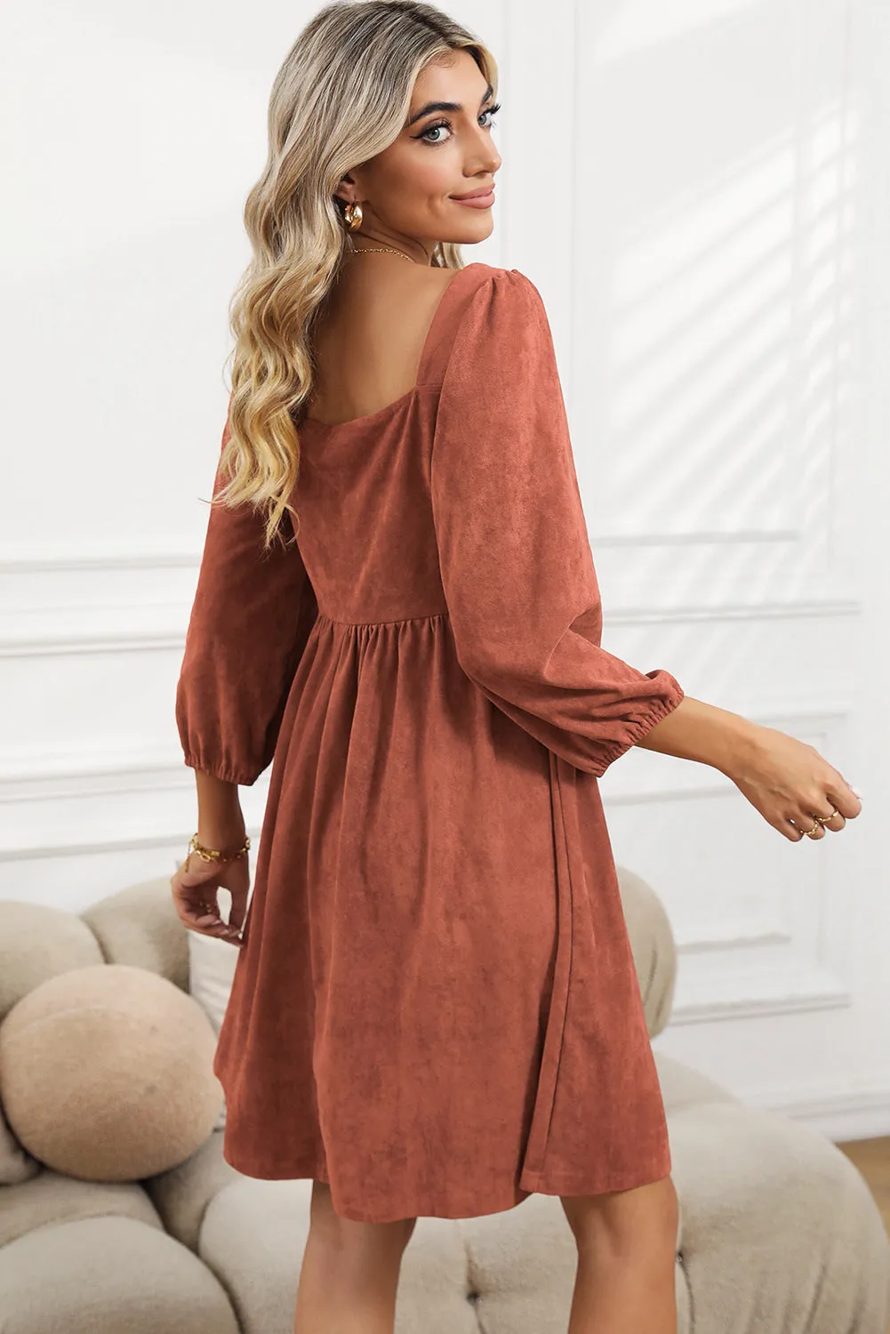 Square Neck High Waist Flared Short Dress