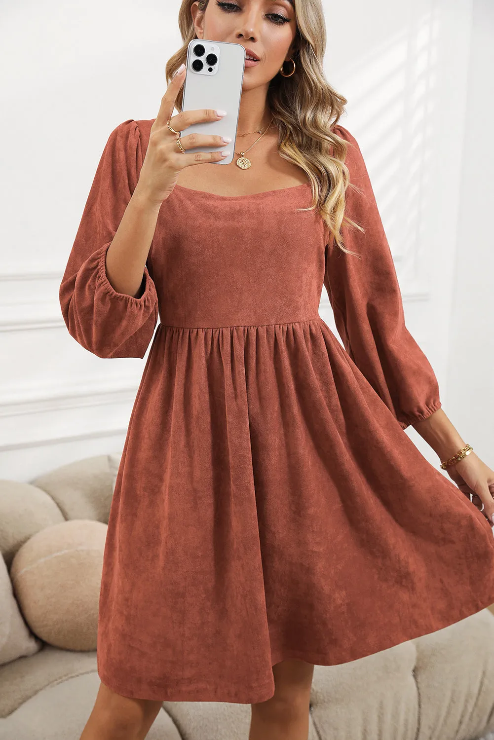 Square Neck High Waist Flared Short Dress