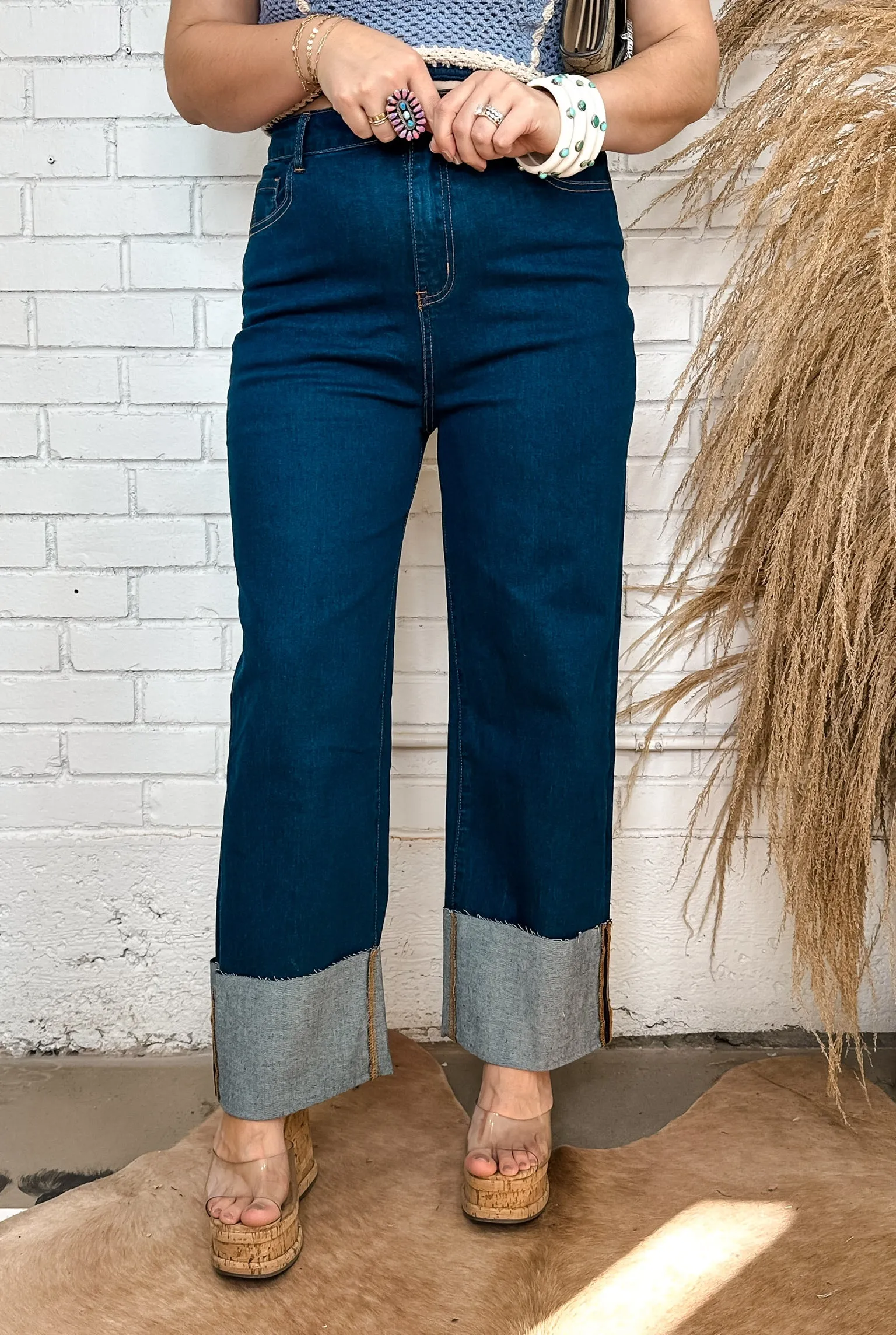 Straight Cut Cuffed Denim Jeans - Dark Wash