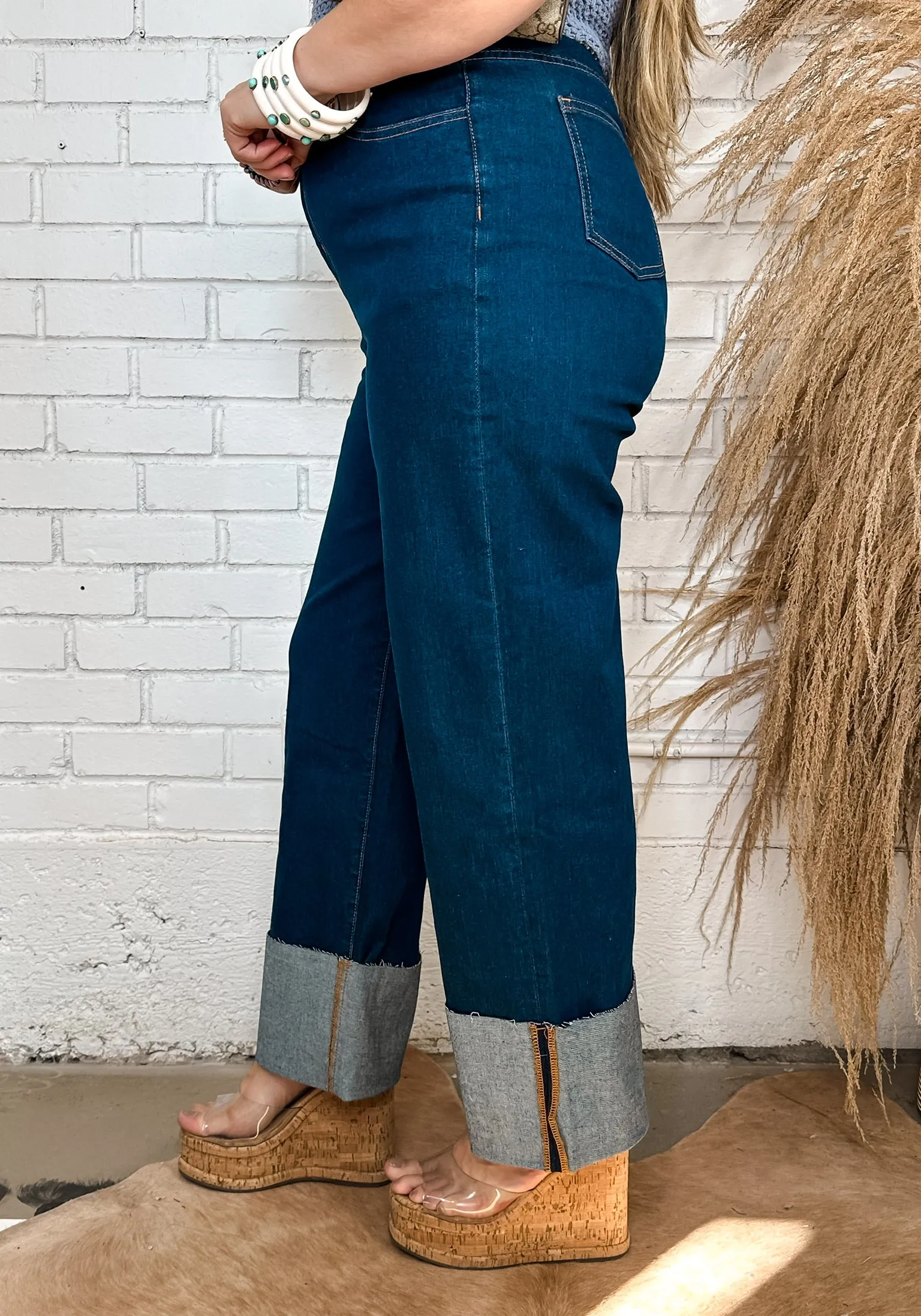 Straight Cut Cuffed Denim Jeans - Dark Wash