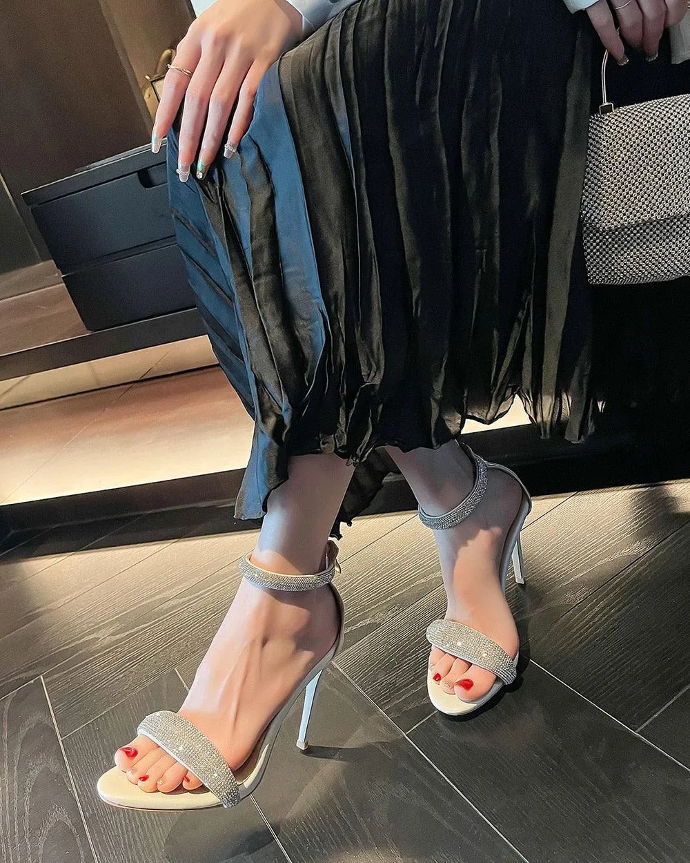 Super High Thin Heel Ankle-Wrap Sandals with Open Side Vamp for Party