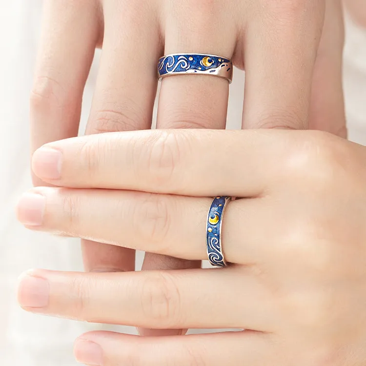 Van Gogh Starry Night Silver Couple Rings