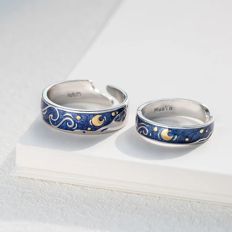 Van Gogh Starry Night Silver Couple Rings
