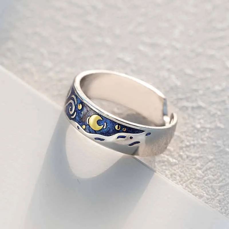 Van Gogh Starry Night Silver Couple Rings