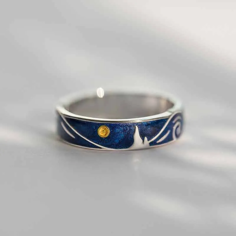 Van Gogh Starry Night Silver Couple Rings