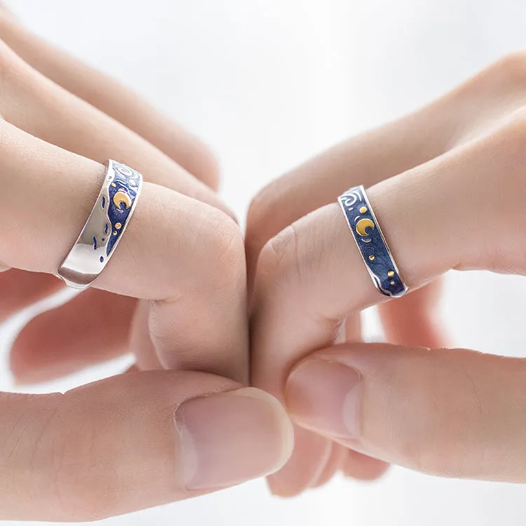 Van Gogh Starry Night Silver Couple Rings