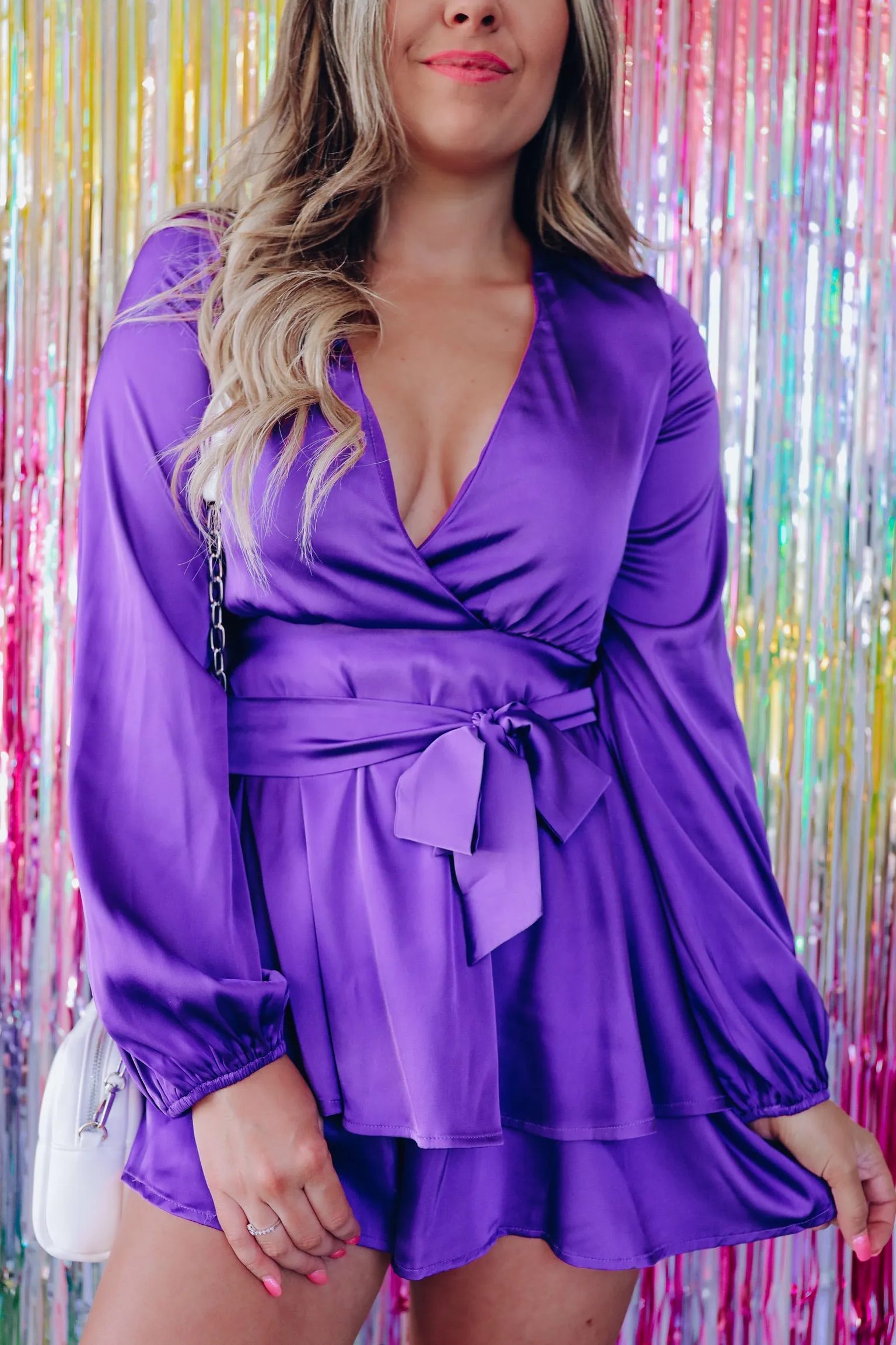 Weekend Worthy Satin Surplice  Romper - Purple