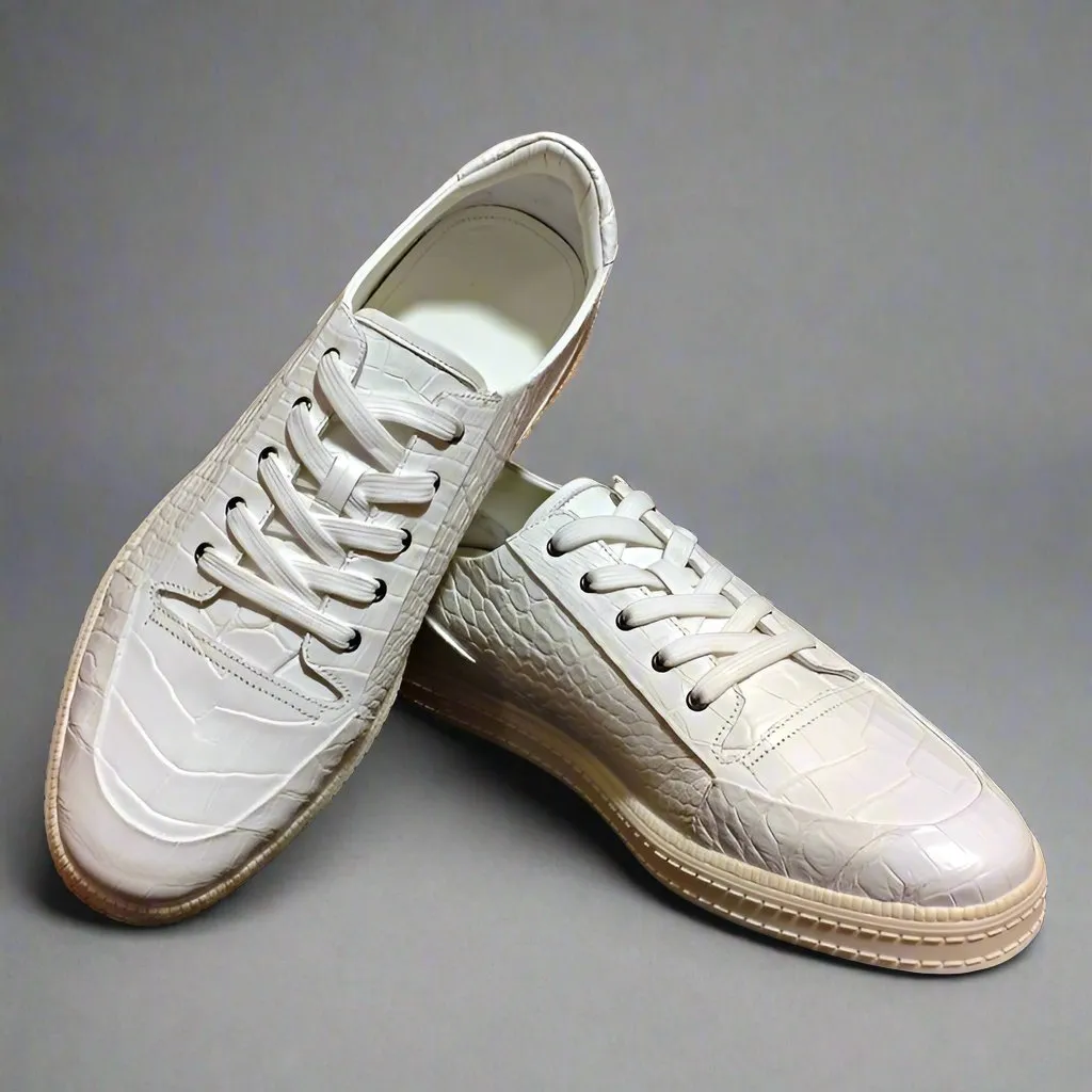 White Alligator Leather Low Top Lace Up  Sneakers With White Sole - Sneaker Shoes