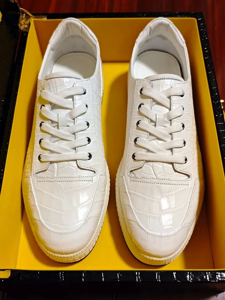 White Alligator Leather Low Top Lace Up  Sneakers With White Sole - Sneaker Shoes
