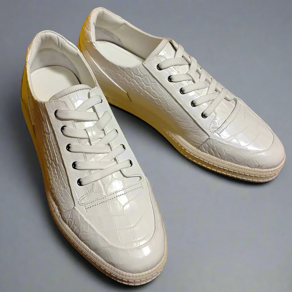 White Alligator Leather Low Top Lace Up  Sneakers With White Sole - Sneaker Shoes