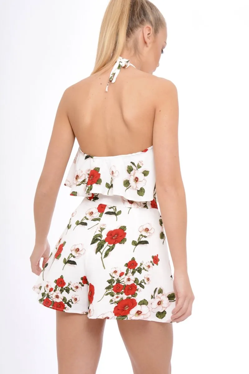 White Floral Halterneck Crop Top - Kamisha