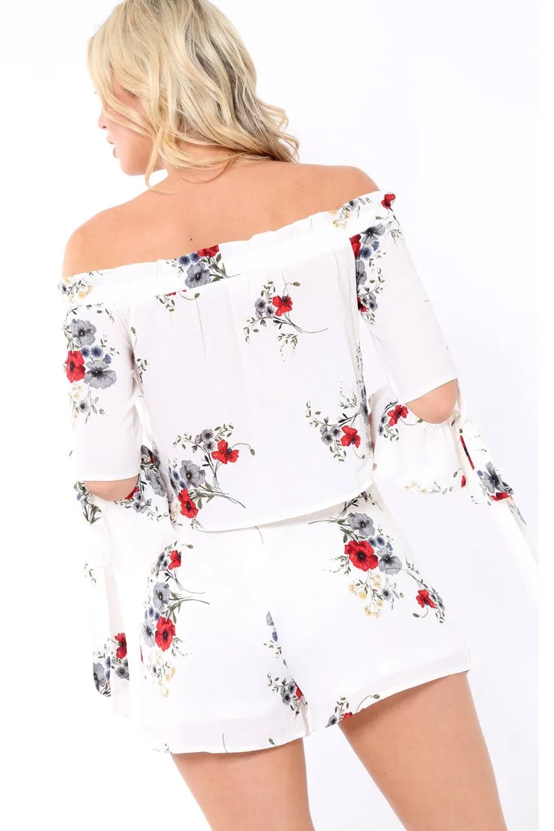 White Floral Print Tie Crop Top- Joney