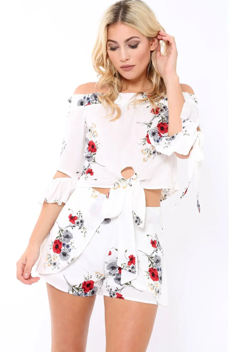 White Floral Print Tie Crop Top- Joney