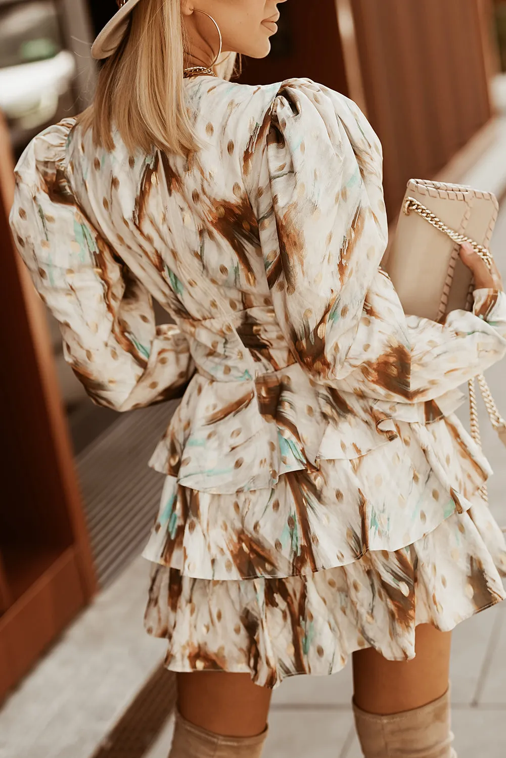 White Ruffle Tiered V Neck Wrap Print Mini Dress