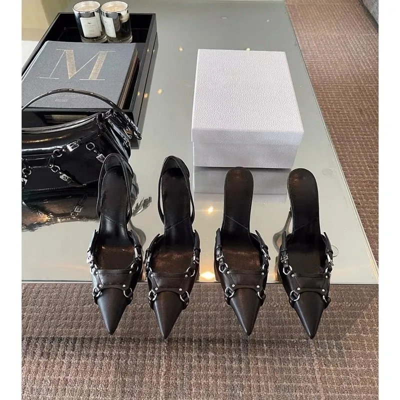 Women Large Size Black Lace Up  Clear Pointed Sandals